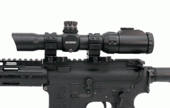 Оптический прицел Leapers 1-8X28 Accushot T8 Tactical 30mm cетка Circle Dot с подсветкой (36 цветов)+ кольца  SCP3-18IEСDQ